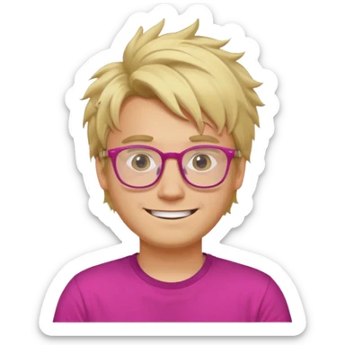 A blond guy with messy hair is smiling. He wear glasses and a fushia T-shirt sticker