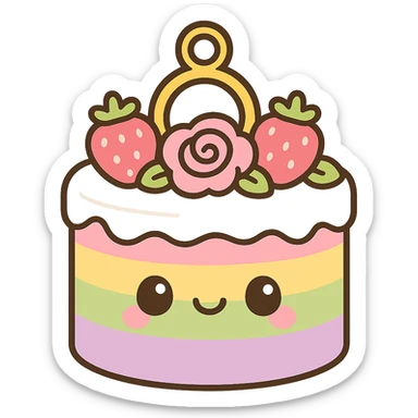 rainbow wedding cake with strawberries, pink roses, gold ring topper, kawaii style sticker