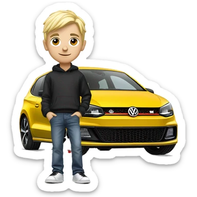 Blonde boy standing with Volkswagen polo GTI with gold alloys sticker