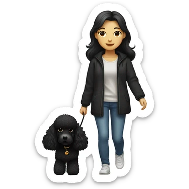 One Korean girl with black long straight hair with one medium black poodle is walking. sticker
