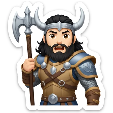 vikingo con armadura de Asgard, pelo negro ondulado, de pie, grito de guerra en torre de Asgard. sticker
