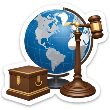 An icon featuring a globe with a gavel and a political map, symbolizing political science. The design includes a ballot box and a podium, representing democracy and governance. Transparent background highlights the study of political systems and global relations. sticker