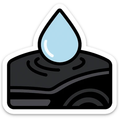 light blue or silver water droplet sliding on glossy black mirror-like paint of a high-end vehicle, main color glossy black, subtle repellent effect with water lines moving away, modern and clean icon sticker