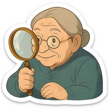 grandmother with glasses peering through a magnifying glass in ghibli style sticker