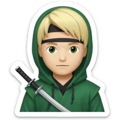 Green ninja Lloyd garmadon blonde hair, kaptur hoody on his head but blonde grzywka visible; the bottom left one is best (the one without miecze + black band + no mask of face) but add miecz; I want no band on head ; I don’t want any band on forehead sticker