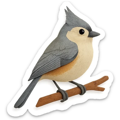close-up of a tufted titmouse perched on a tree branch, fine paper edges, soft feather patterns, expressive crest sticker