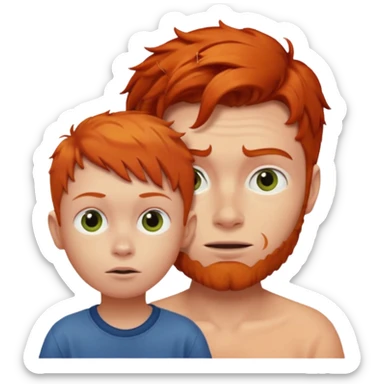 A weird red head ginger with baby oil looking at a little boy sticker