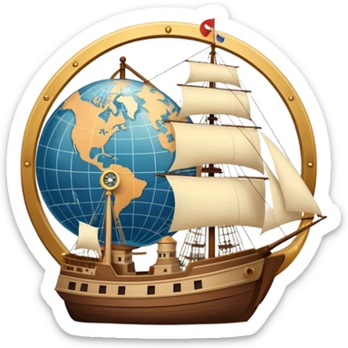 Icon for Historical Movies: Age of Great Geographical Discoveries. A vintage movie poster-style design with a sailing ship, a compass, and a globe. Include explorers with maps, sea waves, and distant lands in the background. Retro cinematic style. Transparent background. sticker