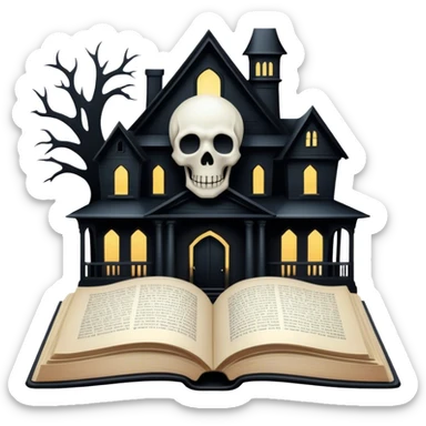 Icon for Horror and Mystery Reading: an open book with eerie, dark pages, a haunted house silhouette, a ghostly figure, and a skull. The icon should capture the suspense, fear, and mystery of horror and supernatural stories. Transparent background. sticker