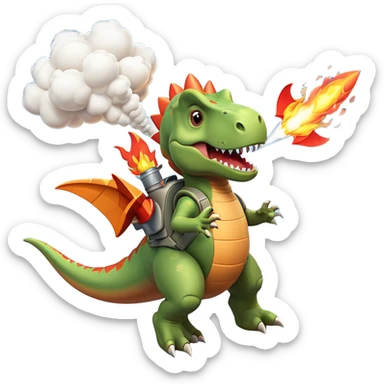 rocket-propelled dinosaur character, cute T-rex, rocket pack on its back, flames and smoke trail, dynamic flying pose, 3D cartoon, mobile game icon style, clean background, no text, no watermark
 sticker