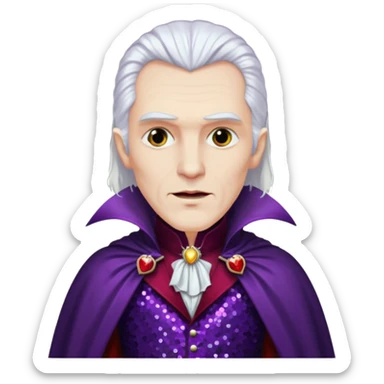 Dracula with long white hair, dark purple sequin suit, dark red sequin cape sticker
