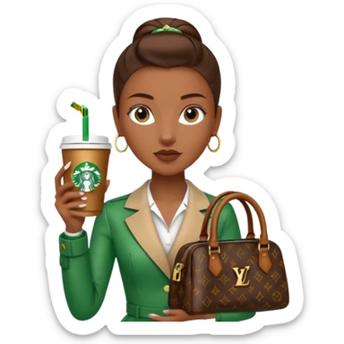 A girl with brown skin and a slick back hair and a luois vittion purse and Starbucks in hand sticker