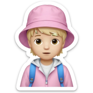 A little boy student white skin, blonde hair, with pink bucket hat, white jacket, blue backpack sticker