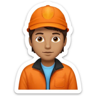 Kindly Keyin (male) with dark brown hair, orange cap and shirt, black jacket sticker