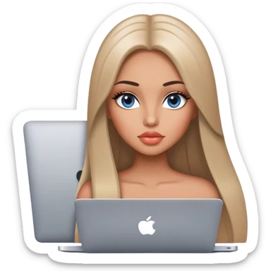 Glamours, tanned, very beautiful girl, with big pump peach lips, almost black straight smooth silky long hair, straight parting, blue-grey eyes with MacBook sticker