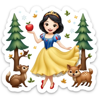 Cinematic Playful Snow White Portrait Emoji, Laughing while dancing with woodland animals, dress twirling gracefully, a whimsical sparkle in her eye, radiating charm and pure delight! sticker