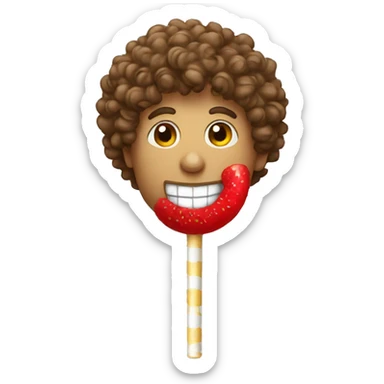 Guy with curly hair licking a lollipop sticker