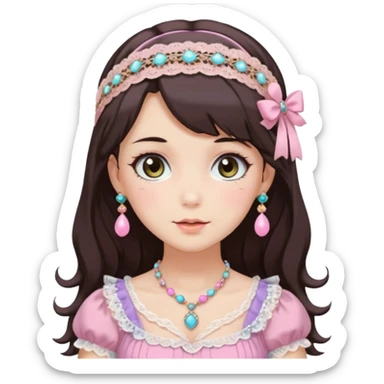 Gorgeous spectacular epic realistic mature anime-styled smooth soft shiny romantic pastel anime style adult lady with blushing cheeks, with a lace-maiden-headband, long beautiful luscious stylish hair, big pretty eyes, dark-brown hair, colorful pastel Lolita dress, necklaces, jewels sticker