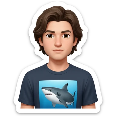 a handsome man with medium length hair wearing a t-shirt with a shark image on it. sticker