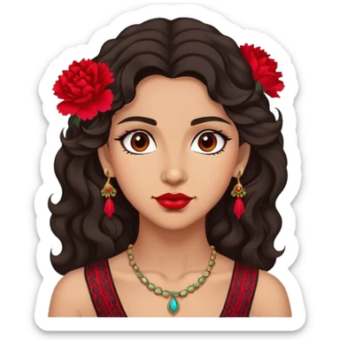 A Gypsy-origin woman with dark wavy hair, a single red carnation behind one ear, and a confident gaz sticker