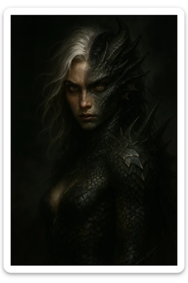 half human, half dragon character with silver hair and black roots, dramatic lighting, fantasy style, detailed sticker
