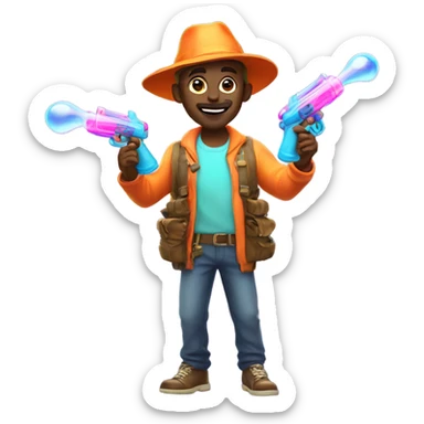 Guy in glowing outfit and hat with bubble guns in each hand sticker
