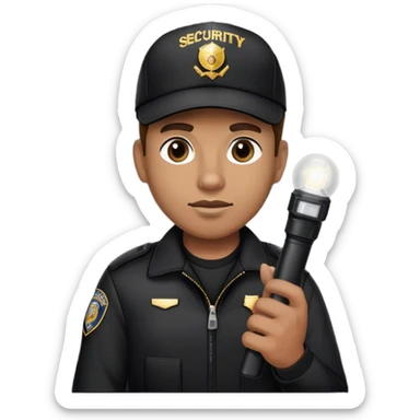 A vigilant male security guard wearing a black jacket, a baseball cap the word ‘SECURITY’  on it, He holds a flashlight , no police uniform, no badge sticker