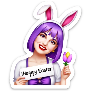 Purple hair , red lipstick with bunny ears holding a sign that says hoppy Easter  sticker