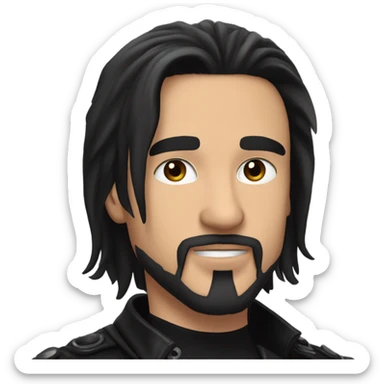 Man with long black hair, black goatee, square jawline, eyeliner, black leather jacket, black pants, black shirt and pentacle necklace sticker