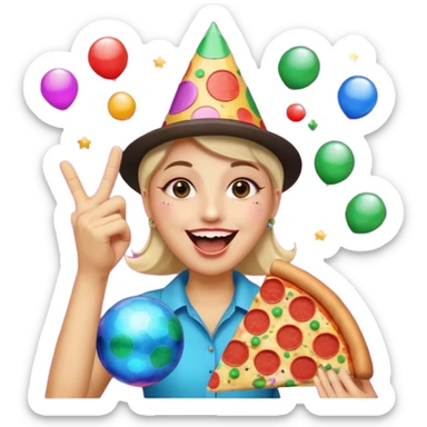 funny emoji called 'party Overload': laughing face with disco ball eyes, tilted party hat, making a finger gun with one hand, holding pizza in the other sticker