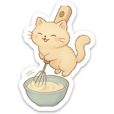 cute electric whisk shaped as a soft fluffy cat spinning cream joyfully, pastel tones, full-body sticker