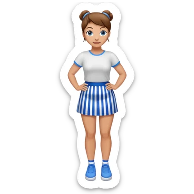 Pretty 50-year-old woman with 1 miniskirt that is blue and white striped brown hair in bun blue eyes and pretty legs sticker