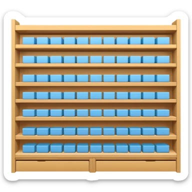 "Minimalist Japanese shelf display, products aligned identically in horizontal rows, each item repeated directly behind the other (multiple units in depth), vertically varied by type, clean spacing, precise symmetry, soft neutral lighting, front-facing packages, ultra-detailed." sticker