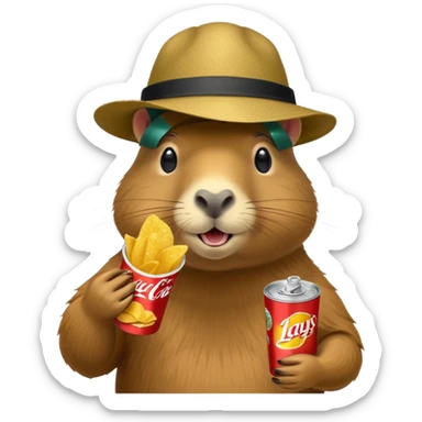 Capybara with a cool hat  eating Lays chips with coke sticker