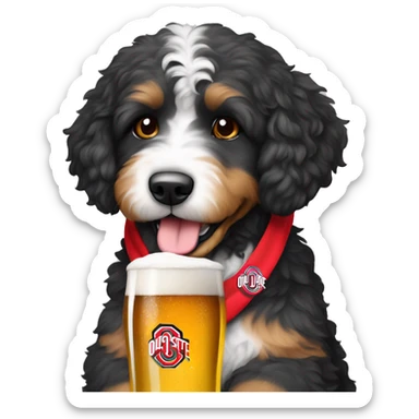 Bernedoodle with a beer wearing ohio state shirt sticker