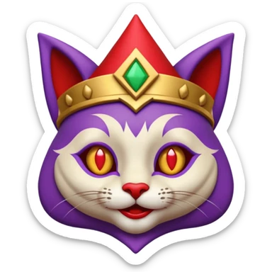 crazy colorful cute little cat jolly joker from poker, medieval, vintage, court jester, mac os icon, purple, gold and red color, half body. Squared shape as 3D mac os icon, symmetrical sticker