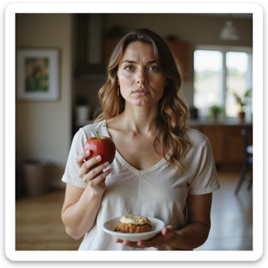 adult woman, photorealistic, alternating holding an apple and a dessert, confused expression, scale on the floor, natural light, kitchen background, concept of yo-yo diet sticker