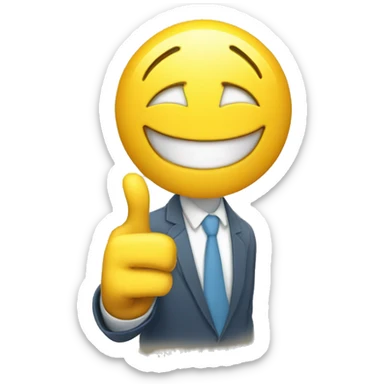 a yellow smiley with a smirk and two hands pointing upwards to portray satisfied success sticker