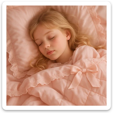 Close-up of a blonde girl sleeping with eyes closed, surrounded by baby pink Coquette bedding, gentle and cozy mood, soft pastel colors, delicate feminine details sticker