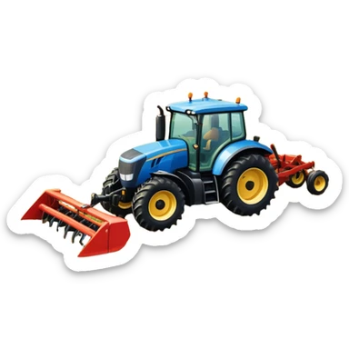 An icon representing a farming simulator, with a detailed tractor plowing fields under a bright sky with bright rural landscape. The design includes farming tools, crops and barns, symbolizing the immersive experience of managing a farm. Transparent background. sticker