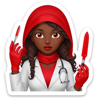 Lilith scalpel in hand, evil surgeon outfit.  She has red eyes. She has dark brown curly hair. Hair is long . Wears sexy doctor outfit with red gloves. Cover, neck and mouth with Muslim red burka sticker