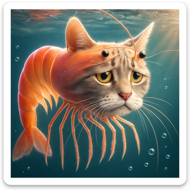 Change the expression of the cat-shrimp creature to sad, keeping all other details and colors the same, in a style consistent with the original image. sticker