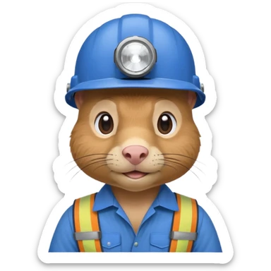 a mole rat, blue helmet, headlamp, worker cloth sticker