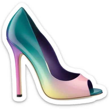 Realistic isolated front view of a pair of dark teal,pastel pink,pastel purple,and yellow ombre Jimmy Choo stiletto peep toe ankle boots. sticker