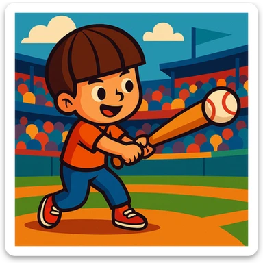 A young boy with a bowl cut hairstyle, mid-swing, baseball bat connecting with the ball, stadium background, vibrant colors, vibrant cartoon style sticker