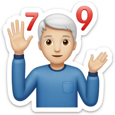 Man holding hands to the side, above left hand floats the number 6, above right hand floats the number 7 sticker
