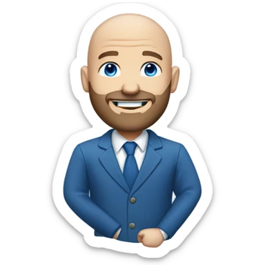 blue-eyed smiling bald man with a beard in a blue suit sticker