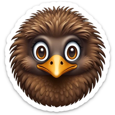 Cinematic Cute Emu Portrait Emoji, Head tilted playfully and inquisitively, featuring a glossy, textured brown plumage with a perky head and round, sparkling eyes full of curious wonder, Simplified yet irresistibly adorable features, highly detailed, glowing with a warm, friendly glow, high shine, affectionate and lively, stylized with a touch of outback whimsy, bright and endearing, soft glowing outline, capturing the essence of a mischievous yet loving emu, so playful it feels like it could gallop out of the screen into your arms! sticker