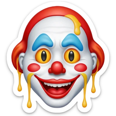 melting clown emoji half face drooping like melting face, half classic clown features, bright colors, red nose, emoji style sticker