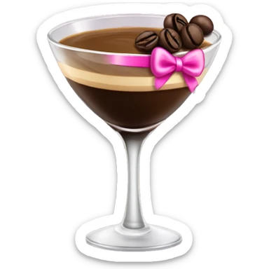 An espresso martini with 3 espresso beans on top and the stem has a pink bow on it sticker